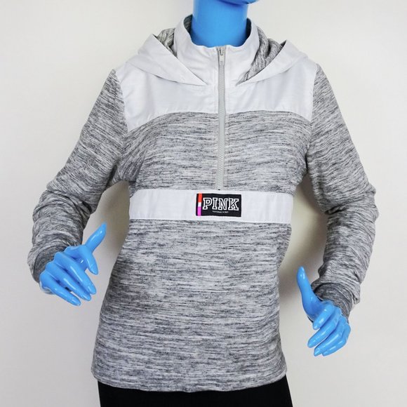 Victoria’s Secret PINK Heather Gray Logo Sweatshirt Hoodie M 8 10 1/4 Zip Campus - Picture 4 of 8